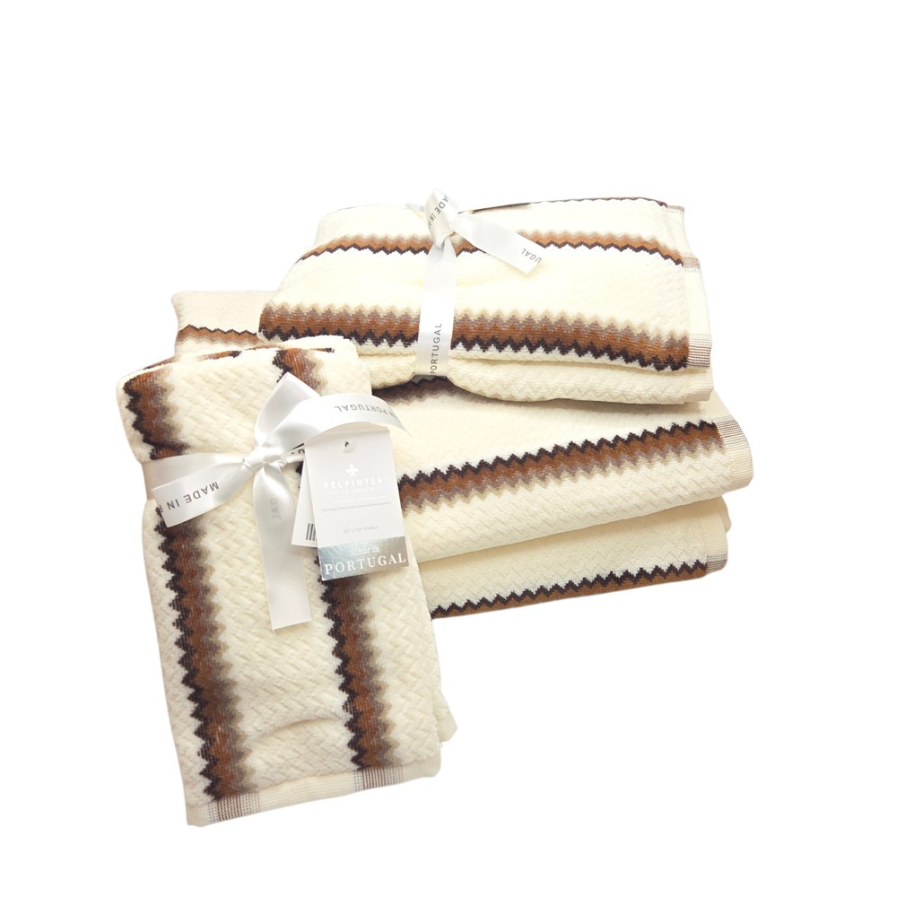 Felpinter 6pc Cotton Bath Hand Towel Set Chevron Stripe Cream Brown Portugal - Picture 12 of 16